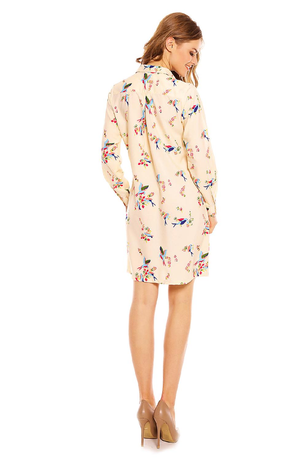 Looking Glam Ladies Bird Print Shirt Dress In Cream