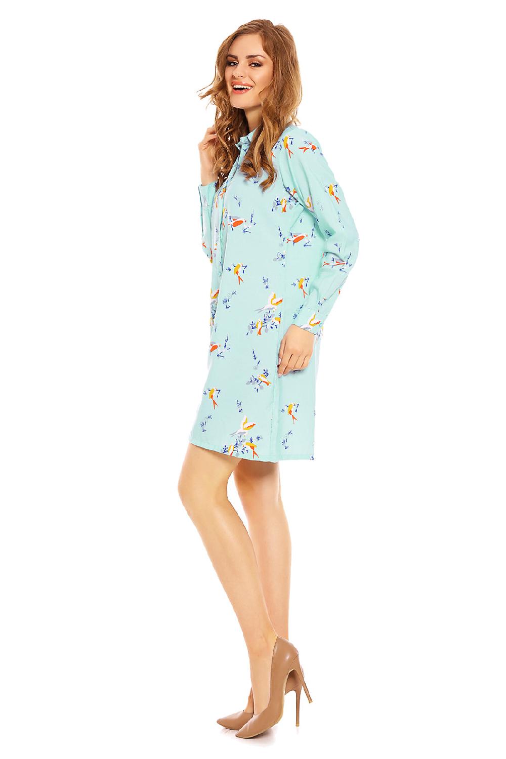 Looking Glam Ladies Bird Print Shirt Dress In Light Blue