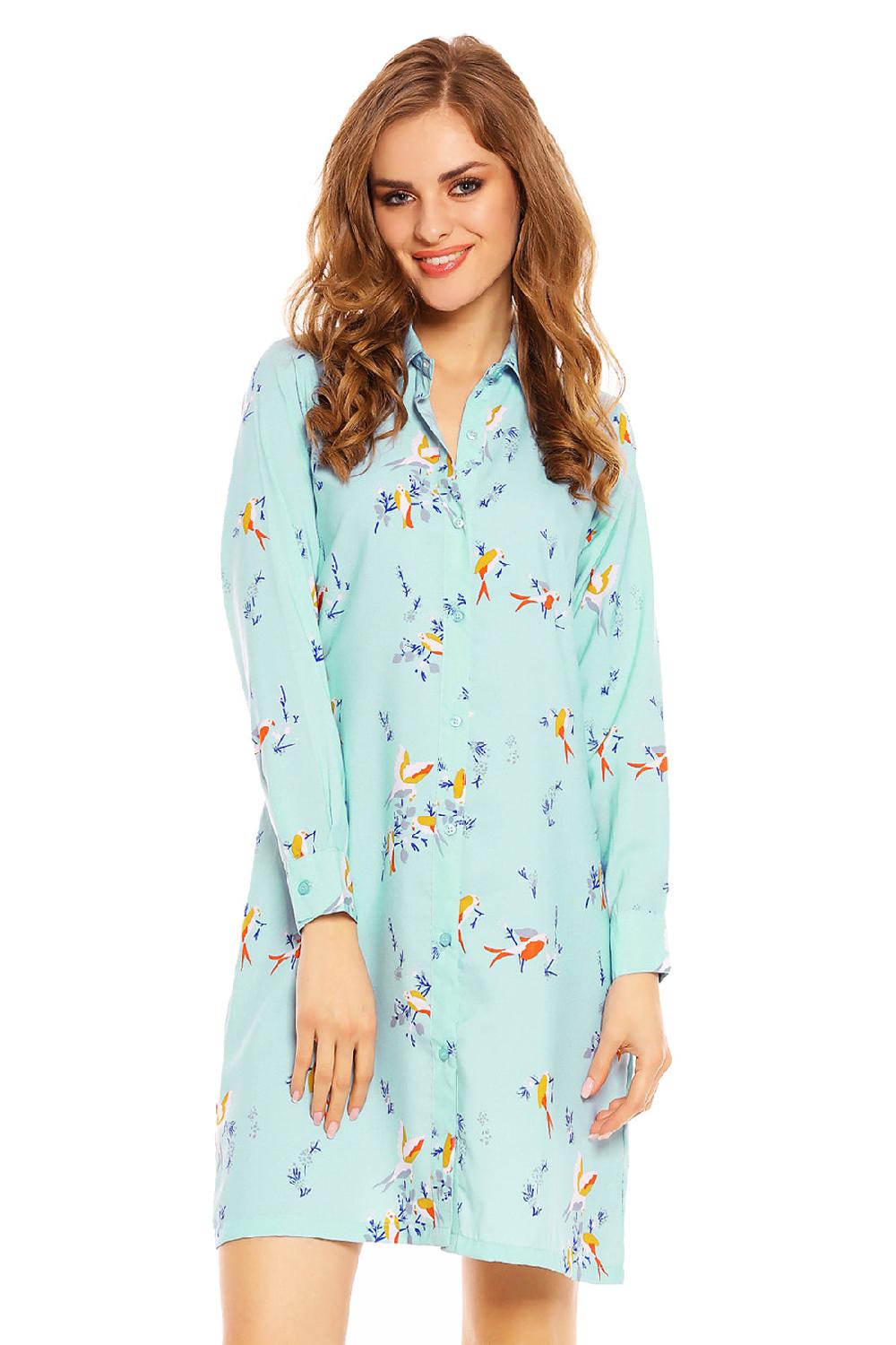 Looking Glam Ladies Bird Print Shirt Dress In Light Blue