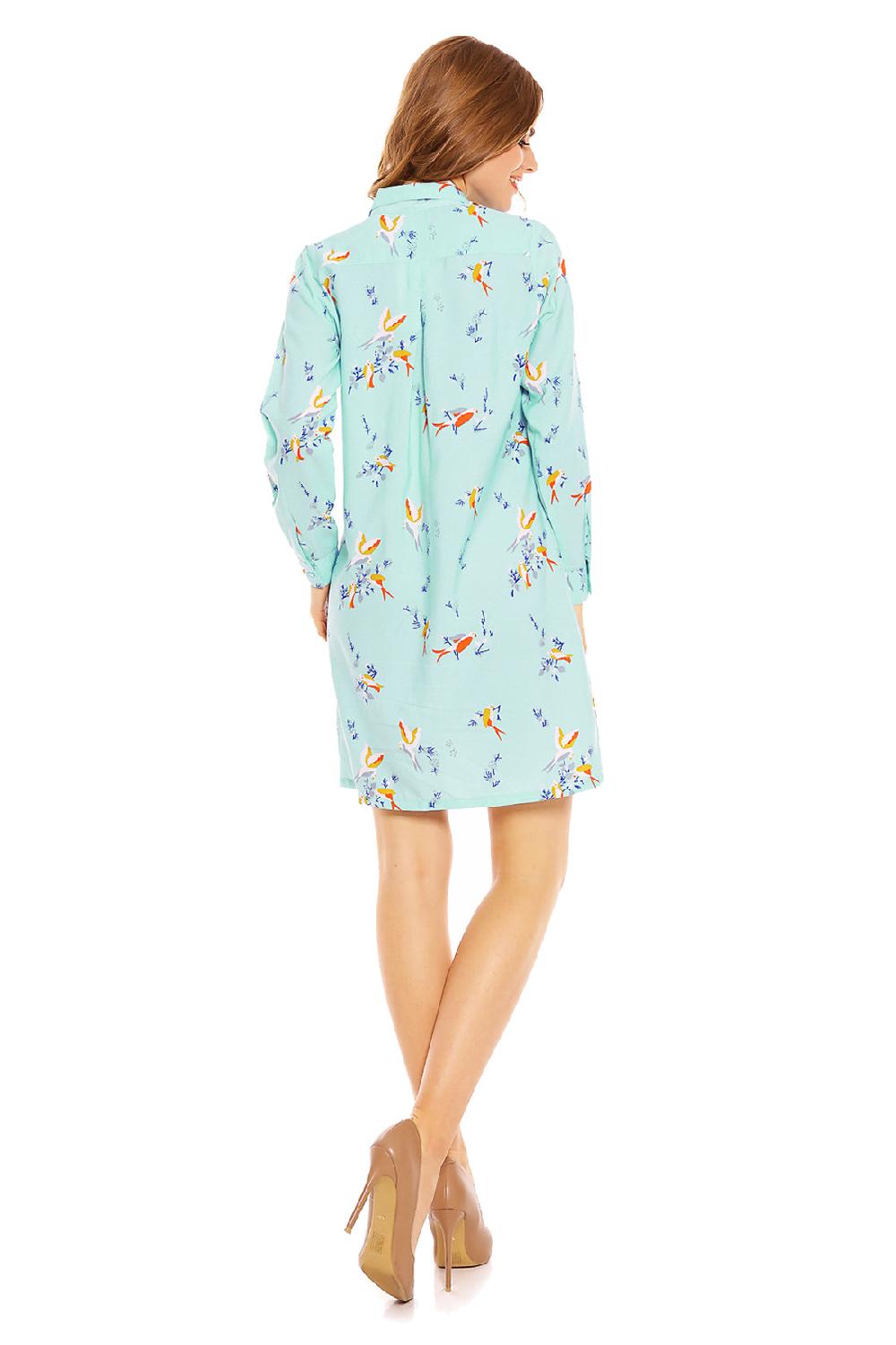 Looking Glam Ladies Bird Print Shirt Dress In Light Blue