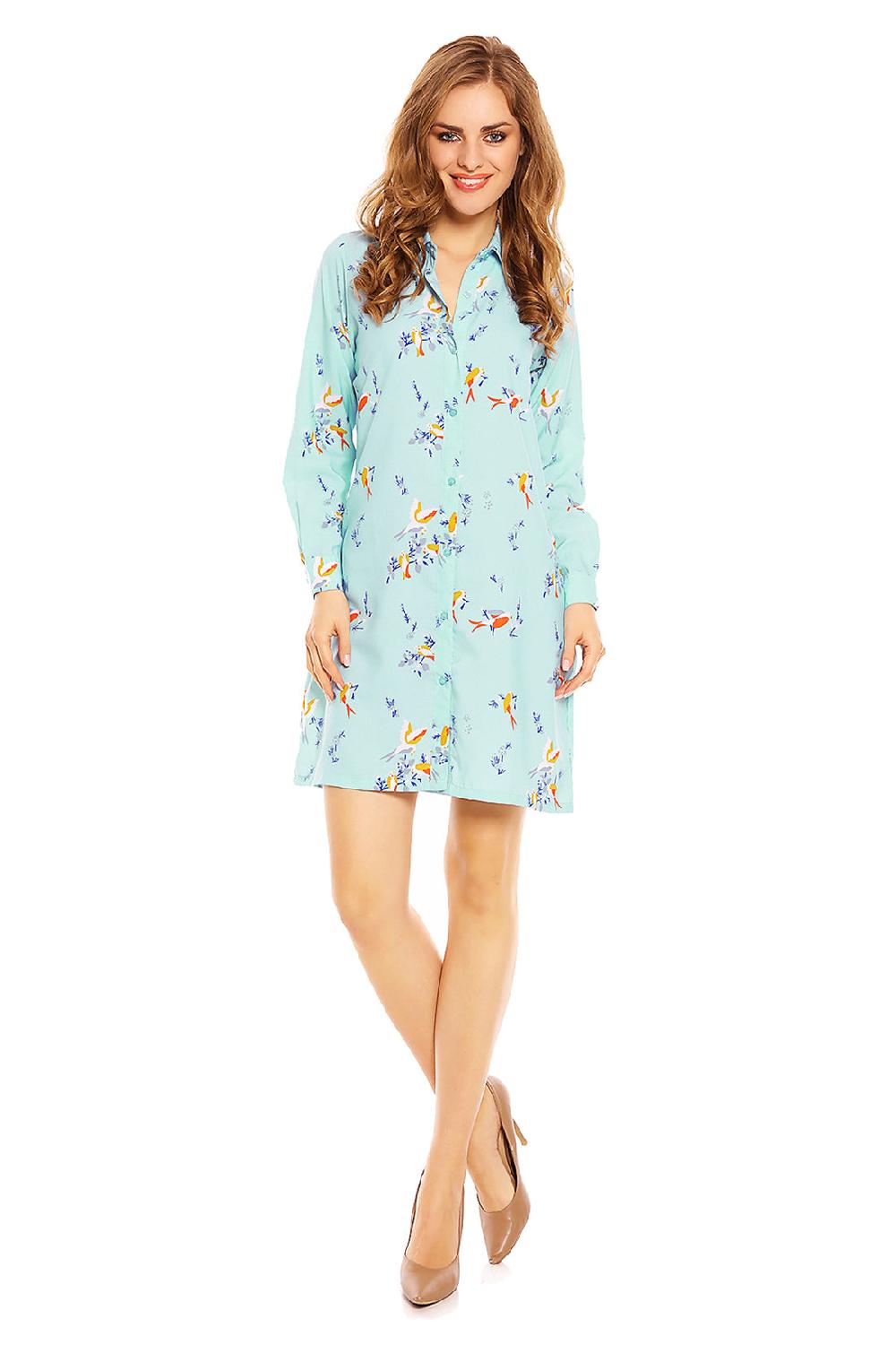 looking glam Ladies Bird Print Shirt Dress in Light Blue