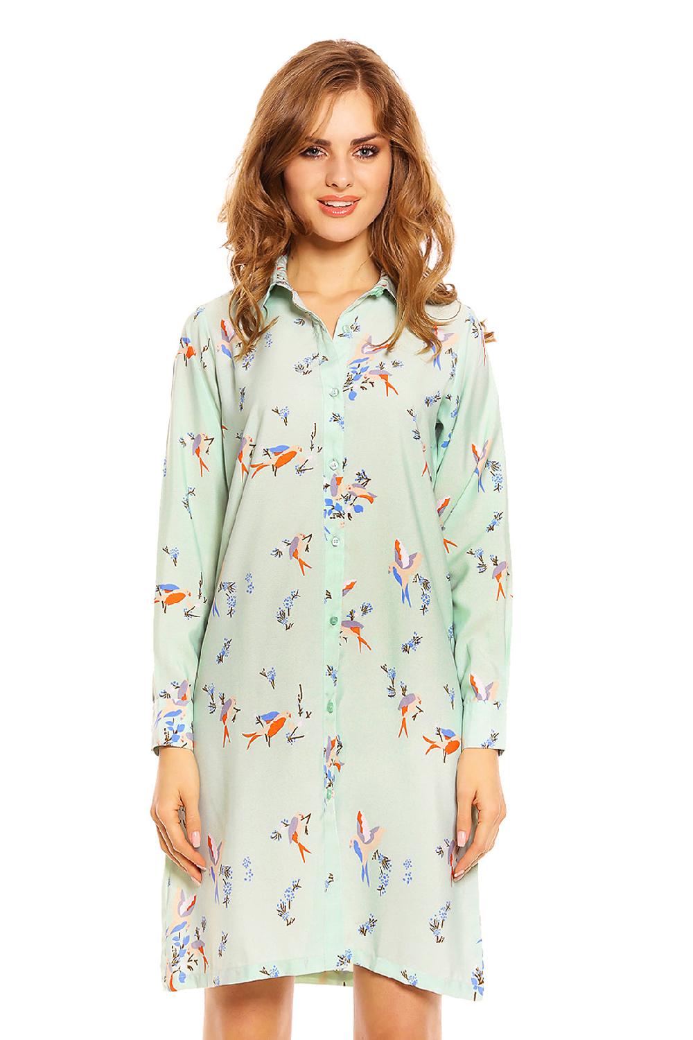 Looking Glam Ladies Bird Print Shirt Dress In Mint Green