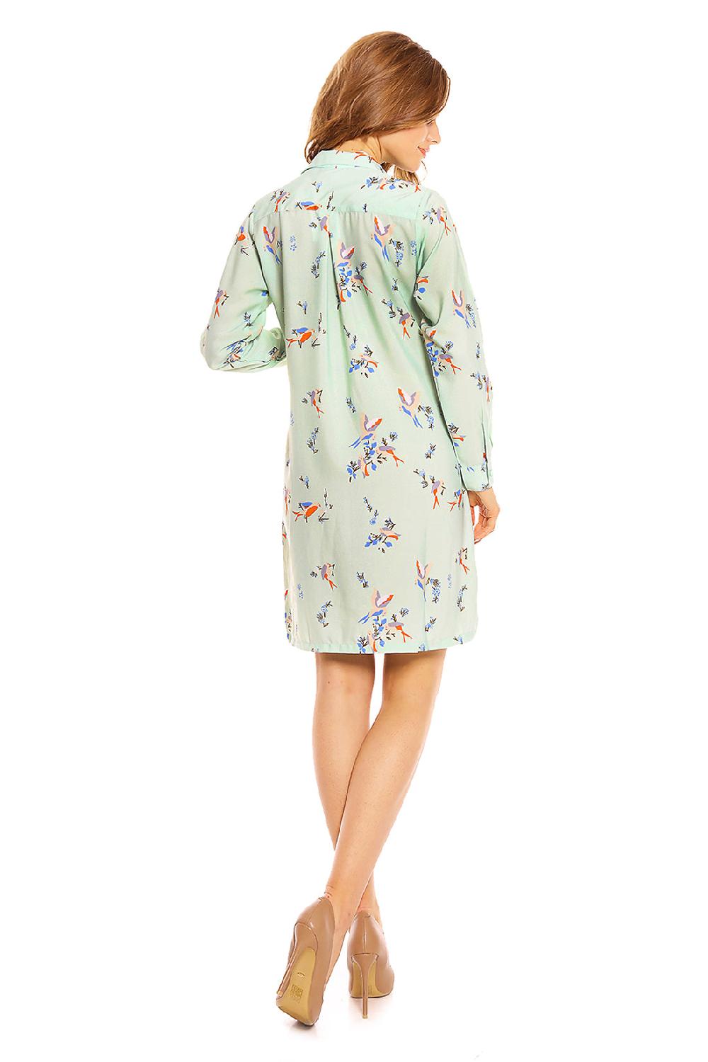 Looking Glam Ladies Bird Print Shirt Dress In Mint Green