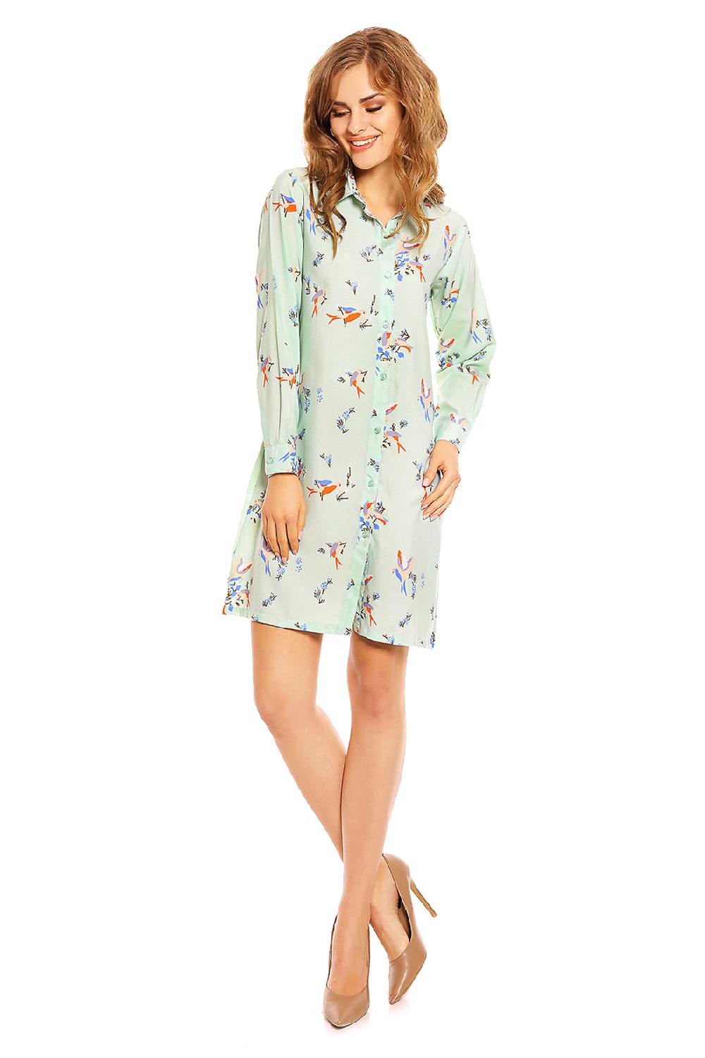 looking glam Ladies Bird Print Shirt Dress in Mint Green