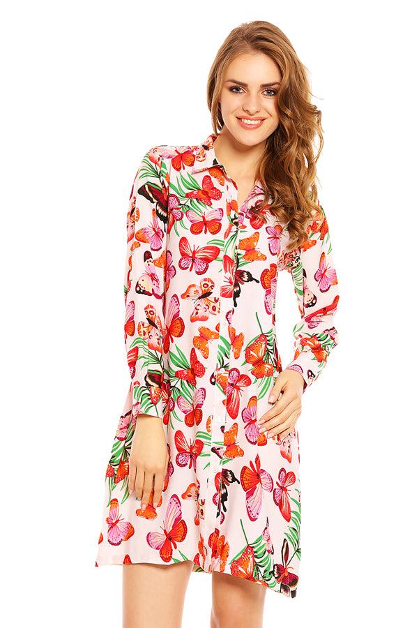Looking Glam Ladies Butterfly Print Shirt Dress - Orange