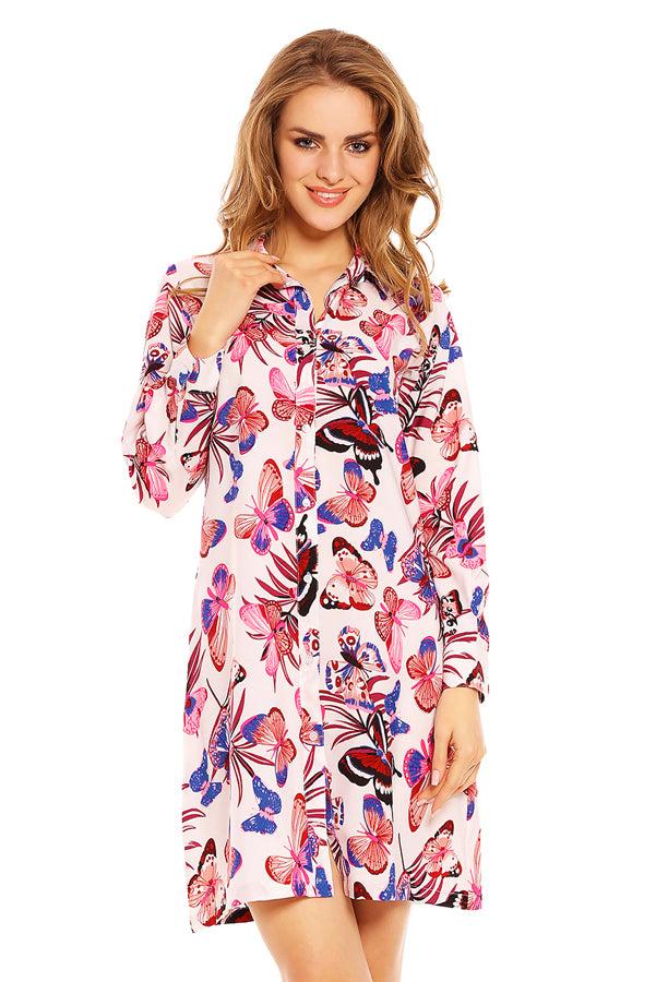 Looking Glam Ladies Butterfly Print Shirt Dress - Pink