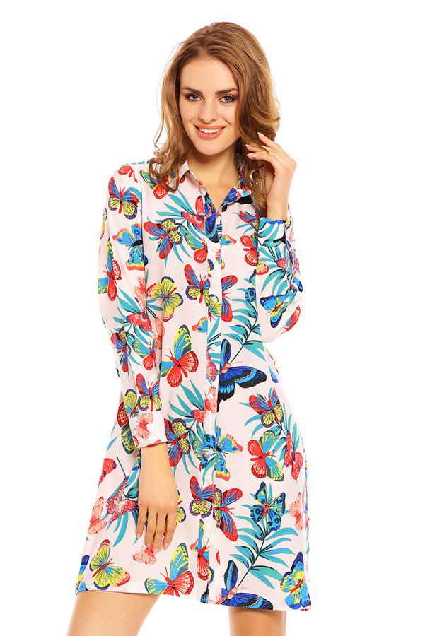 Looking Glam Ladies Butterfly Print Shirt Dress - Red