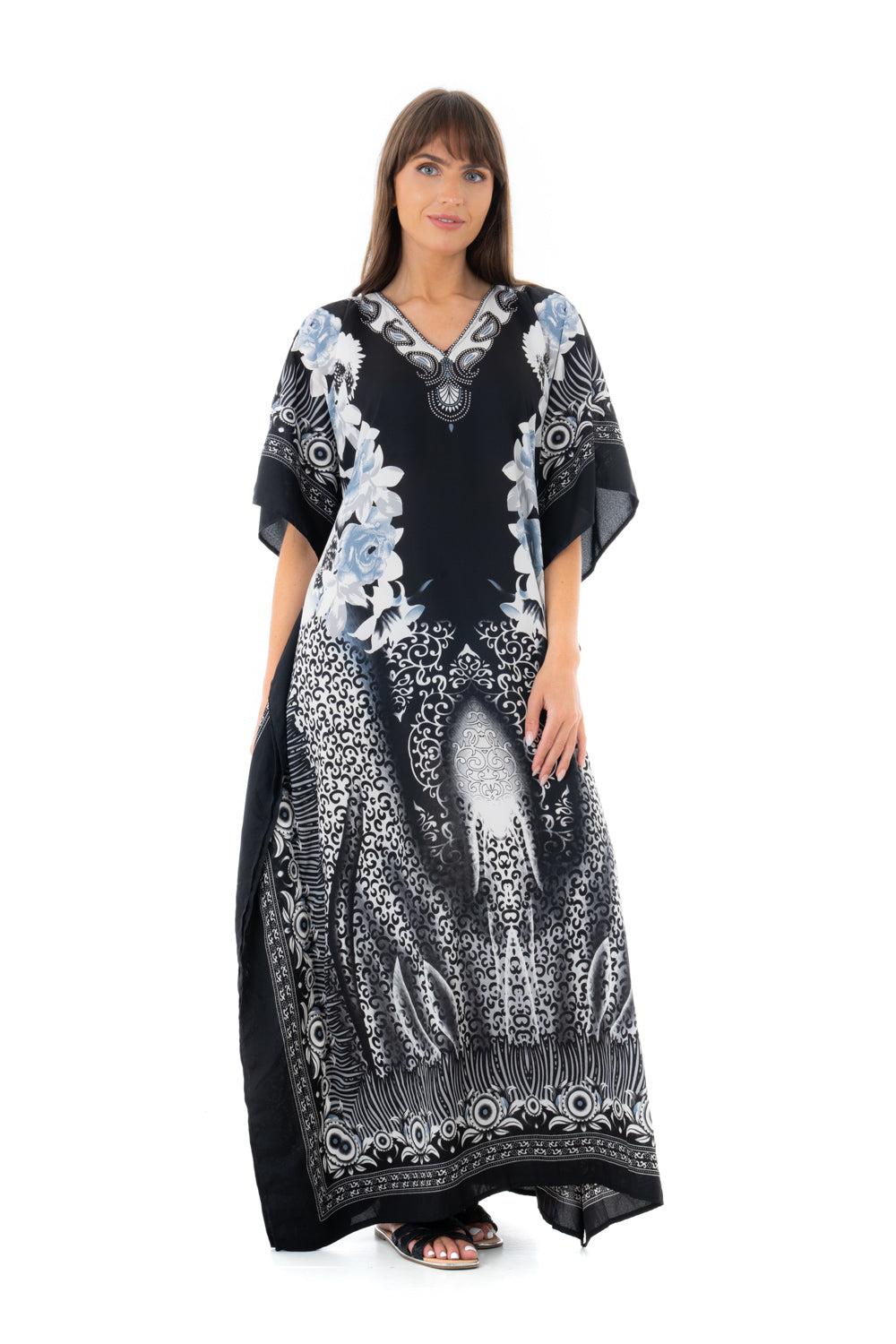 looking glam Ladies Full Length Maxi Kaftan Dress in Black