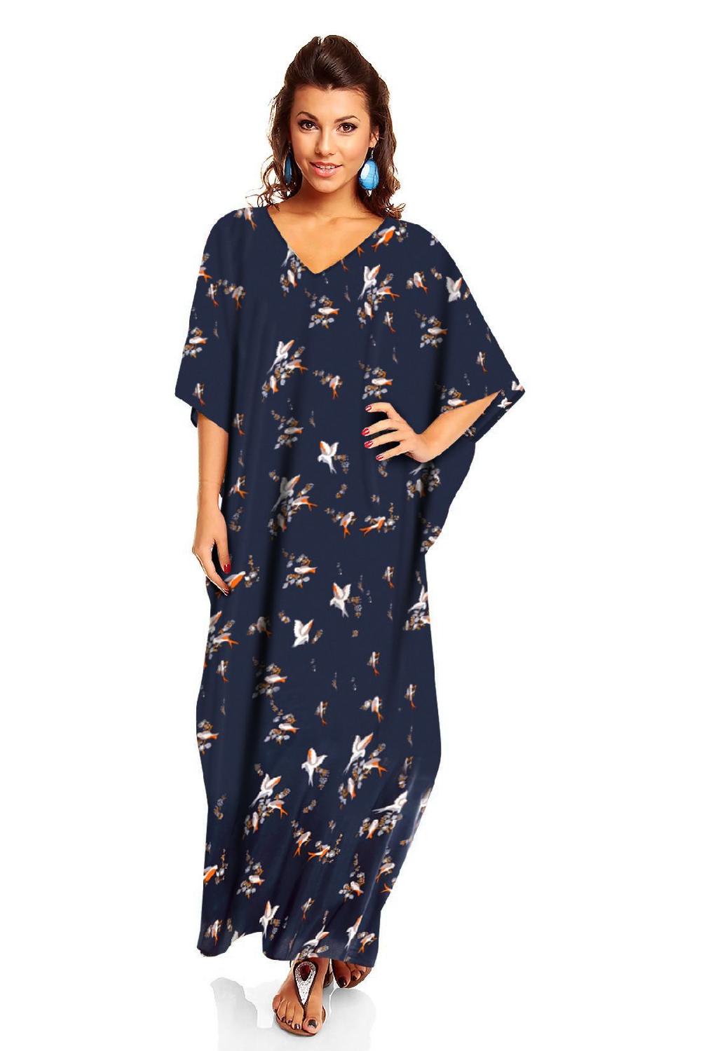 looking glam Ladies Full Length Maxi Kaftan Dress in Navy Swallow Bird Print