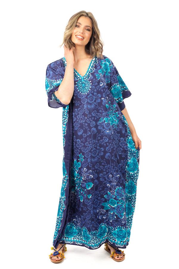 Looking Glam Ladies Full Length Maxi Kaftan Floral Dress In Navy