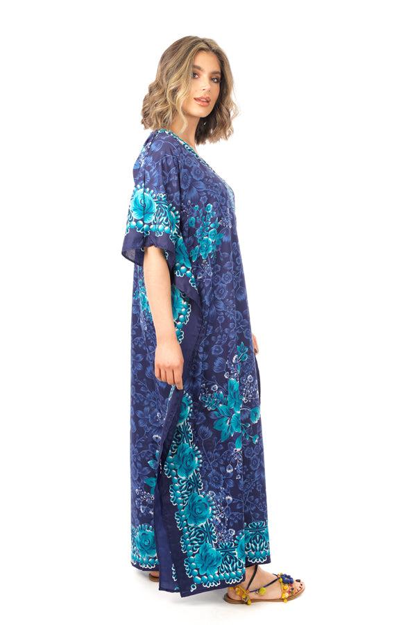 Looking Glam Ladies Full Length Maxi Kaftan Floral Dress In Navy