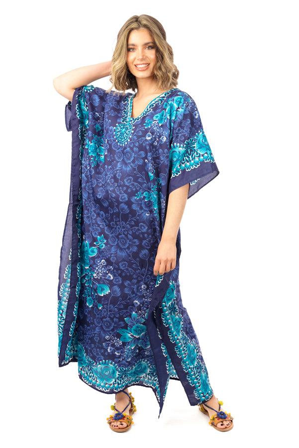 Looking Glam Ladies Full Length Maxi Kaftan Floral Dress In Navy