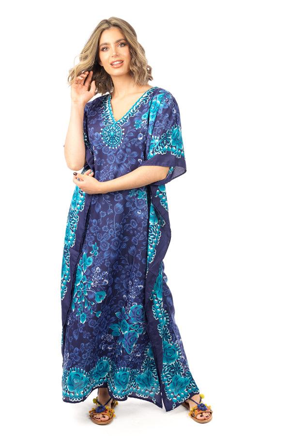 looking glam Ladies Full Length Maxi Kaftan Floral Dress in Navy