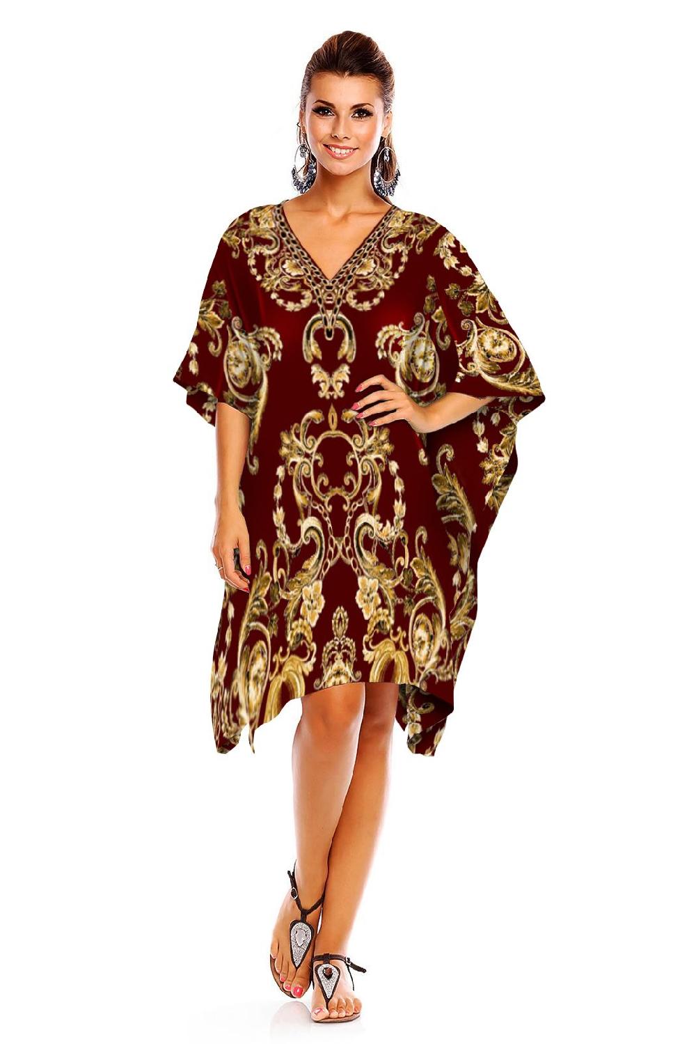 looking glam Ladies Mid Length Chain Print Kimono Kaftan in Maroon
