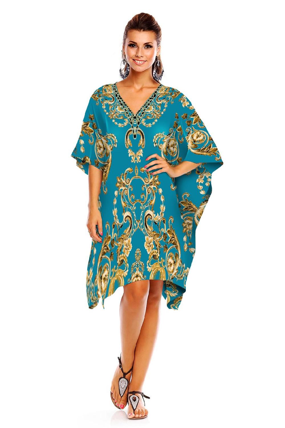 looking glam Ladies Mid Length Chain Print Kimono Kaftan in Teal