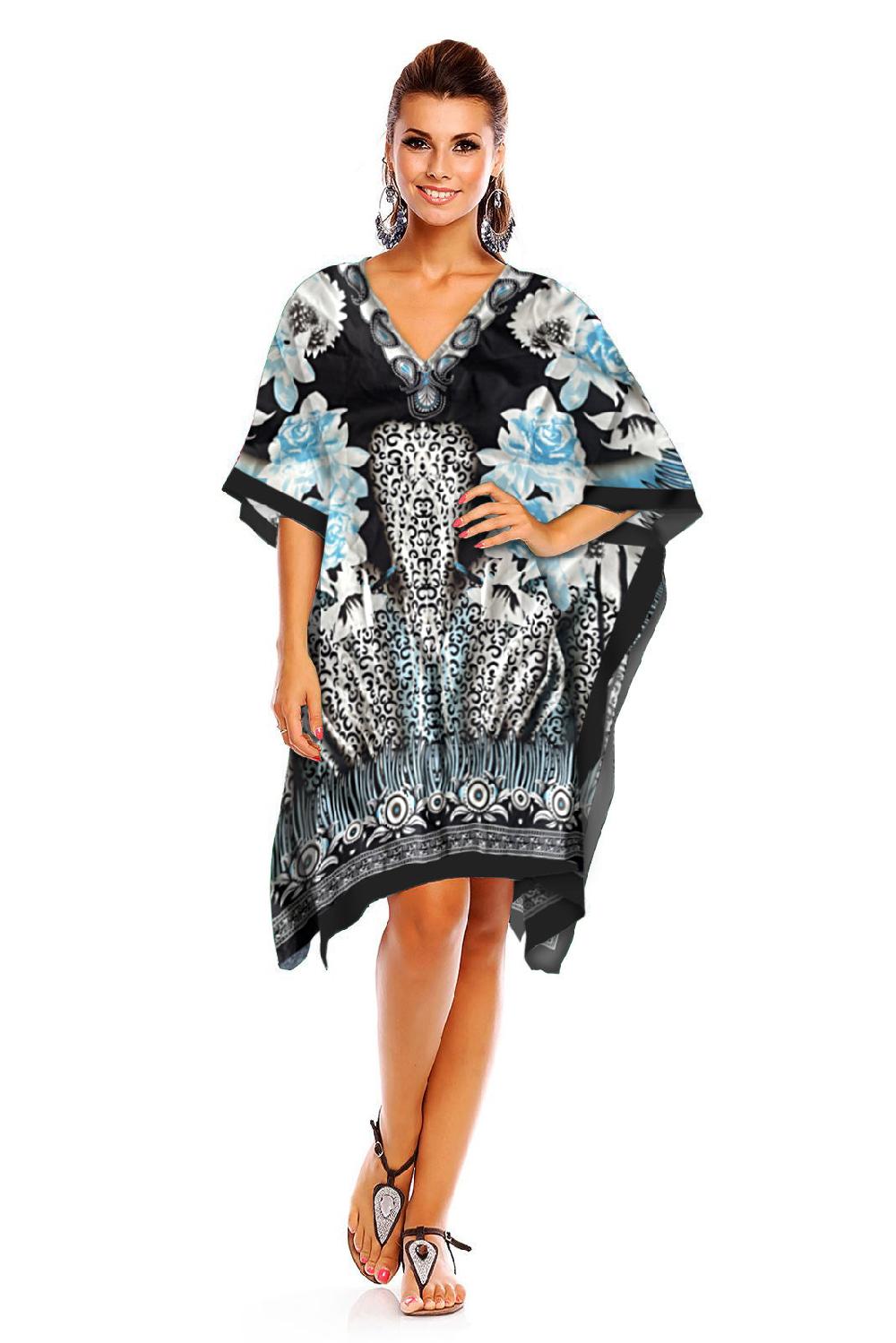 looking glam Ladies Mid Length Tribal Print Kaftan Cover Up In Black