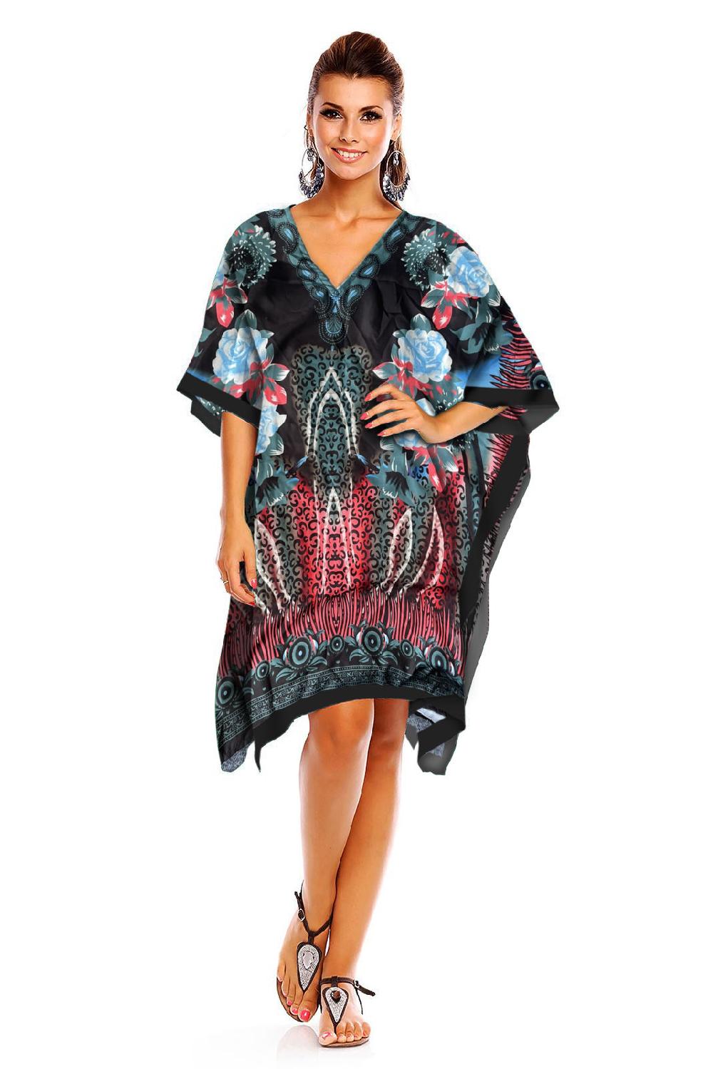 looking glam Ladies Mid Length Tribal Print Kaftan Cover Up In Teal