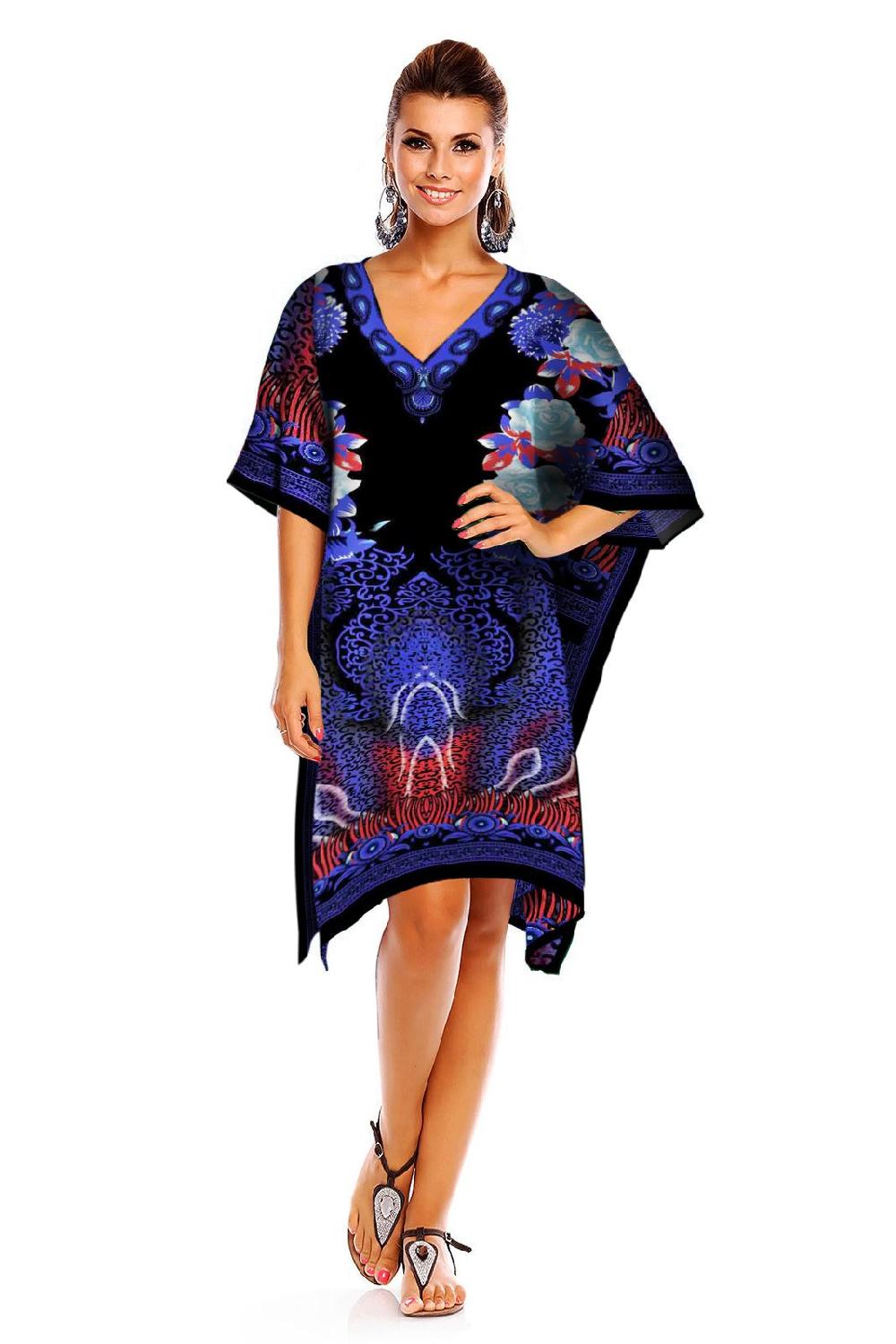 looking glam Ladies Mid Length Tribal Print Kaftan Cover Up In Blue