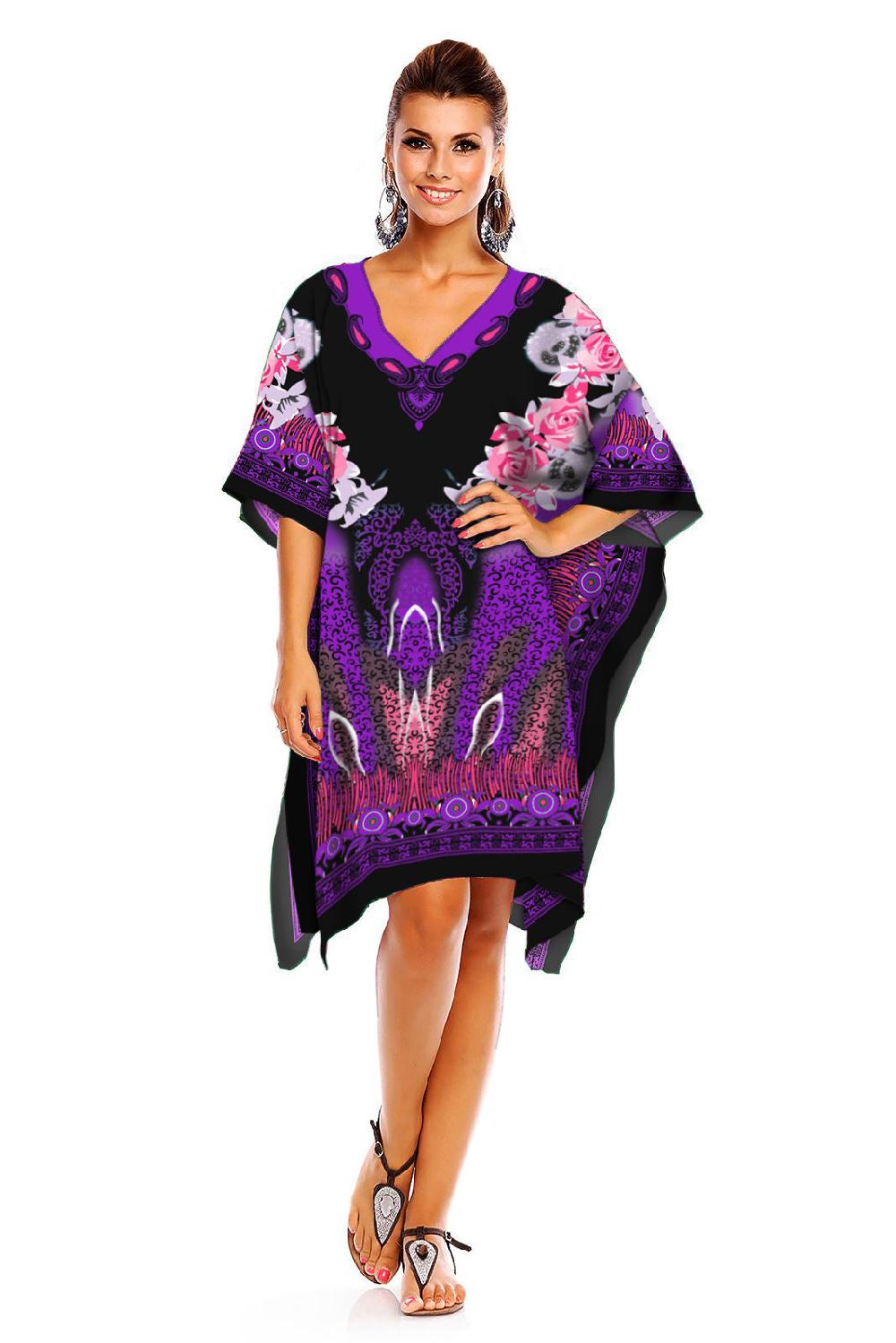 looking glam Ladies Mid Length Tribal Print Kaftan Cover Up In Purple