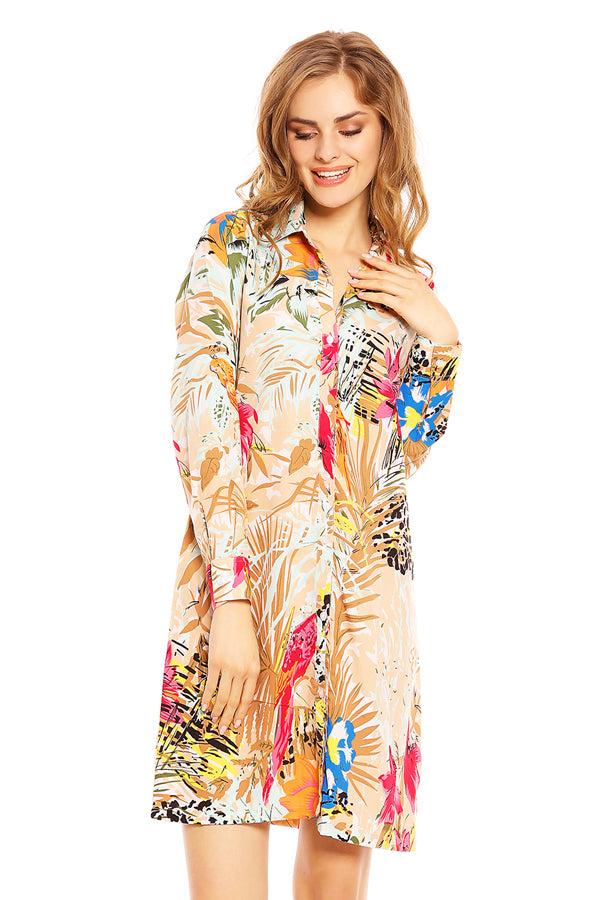 Looking Glam Ladies Tropical Bird Print Shirt Dress In Beige