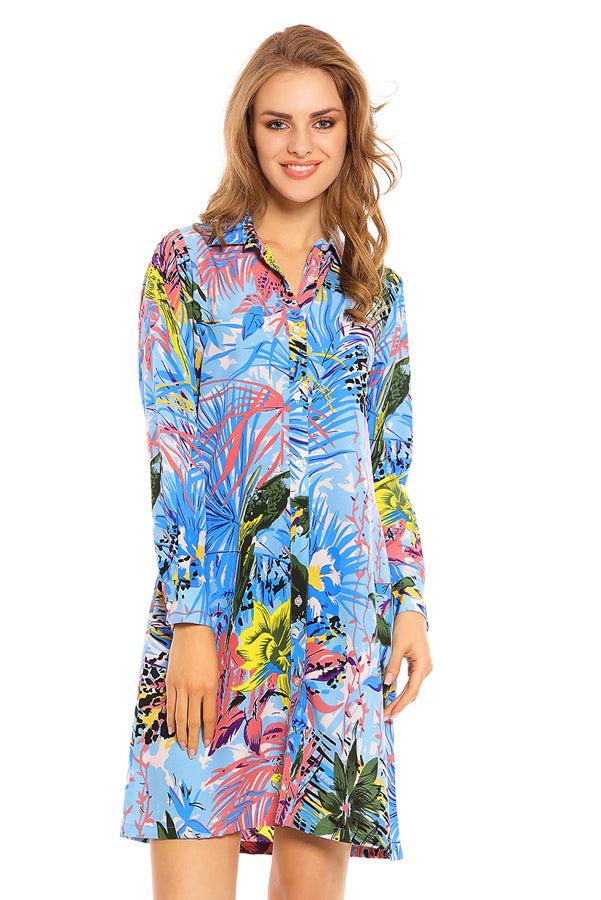 Looking Glam Ladies Tropical Bird Print Shirt Dress In Blue