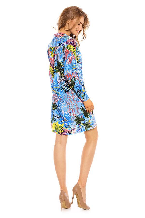 Looking Glam Ladies Tropical Bird Print Shirt Dress In Blue
