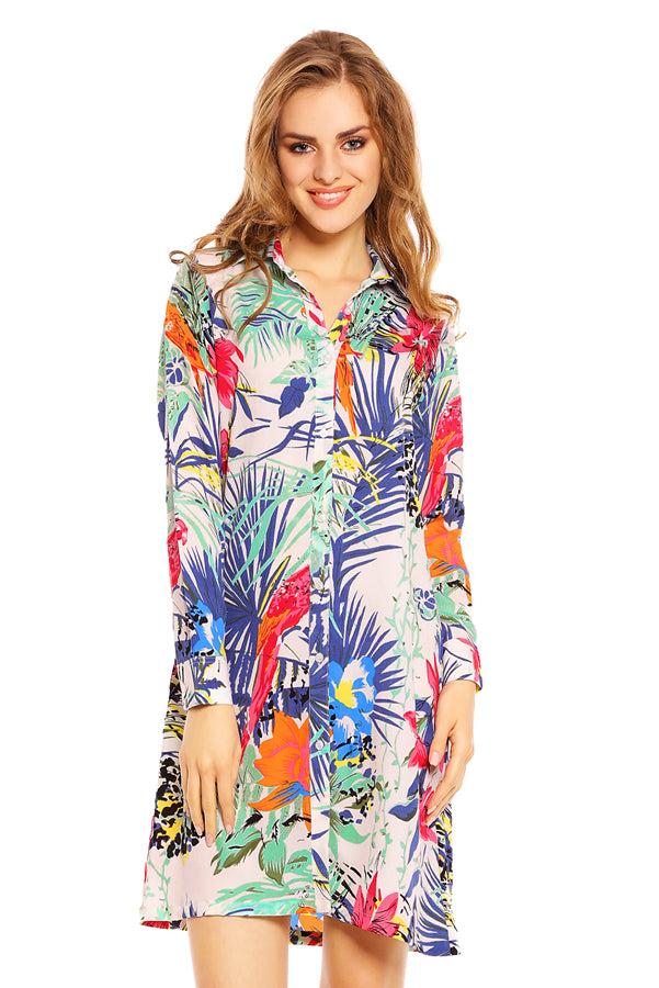 Looking Glam Ladies Tropical Bird Print Shirt Dress In Mint