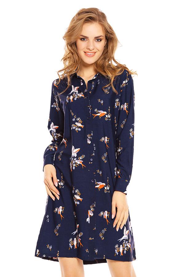 Looking Glam Ladies Bird Print Shirt Dress In Navy