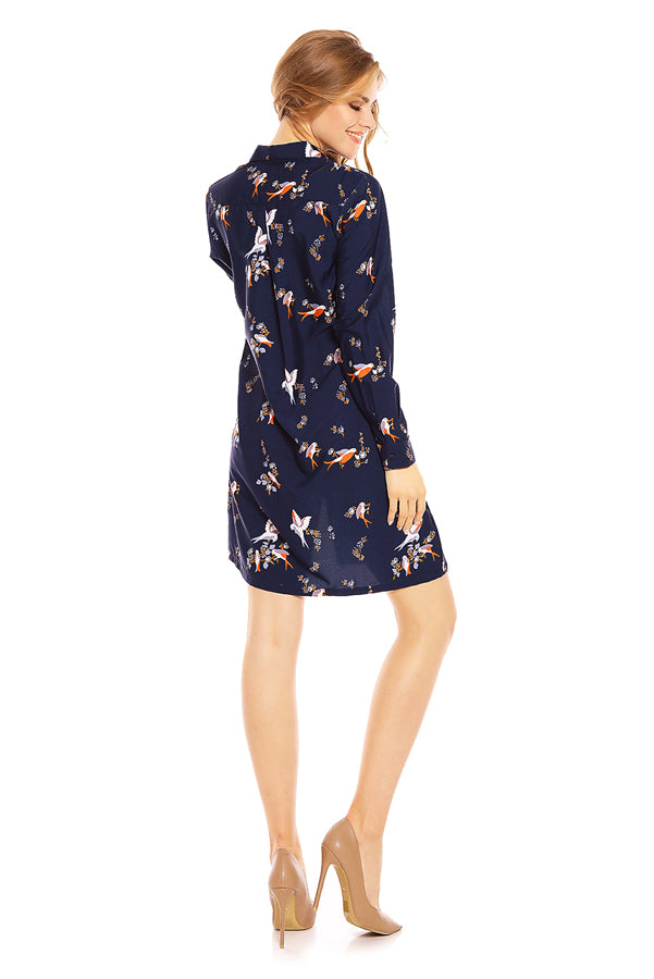 Looking Glam Ladies Bird Print Shirt Dress In Navy
