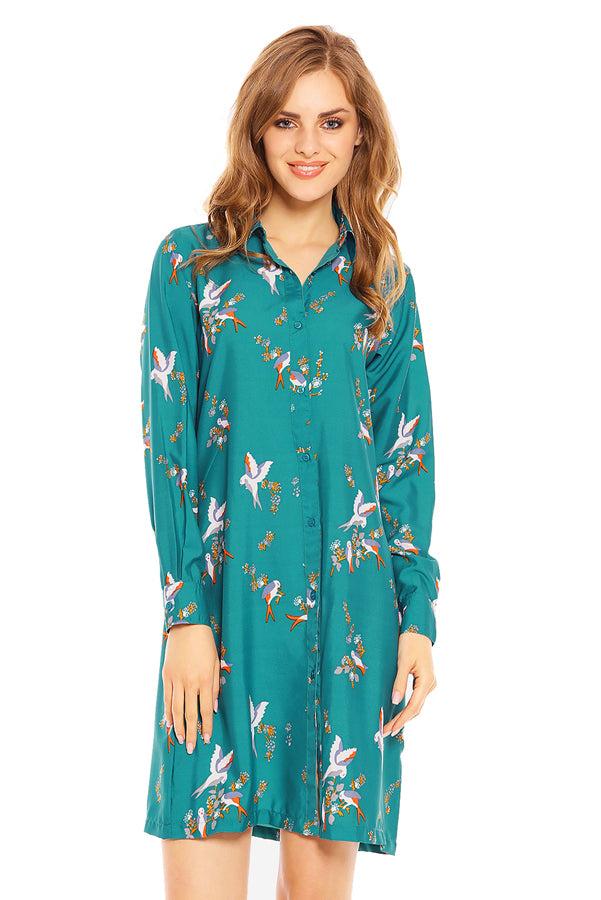 Looking Glam Ladies Bird Print Shirt Dress In Teal