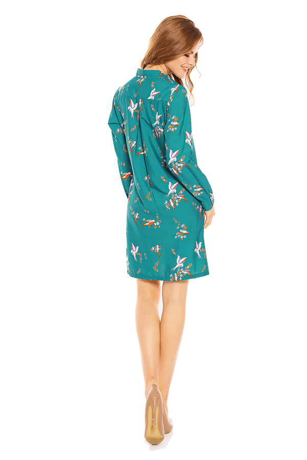 Looking Glam Ladies Bird Print Shirt Dress In Teal