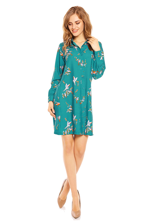 looking glam Ladies Bird Print Shirt Dress in Teal