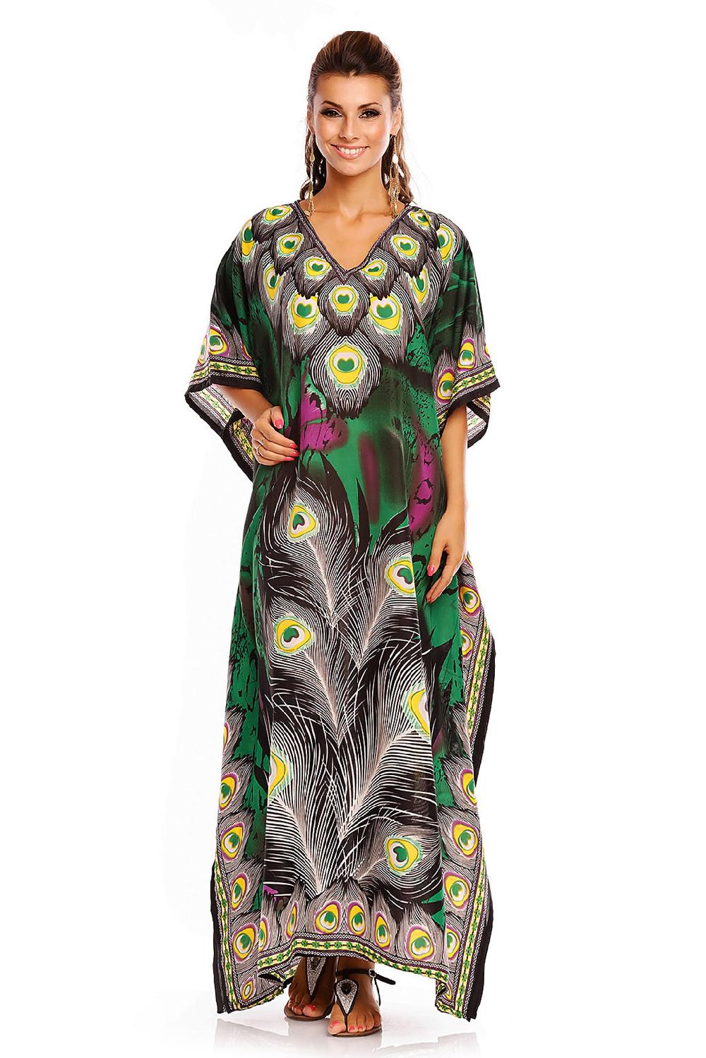 looking glam Luxury Floral Print Long Maxi Kaftan Dress in Green