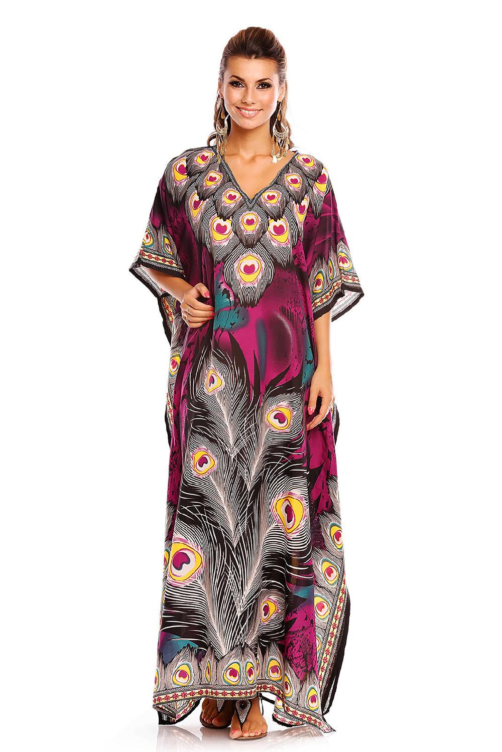 looking glam Luxury Floral Print Long Maxi Kaftan Dress in Purple