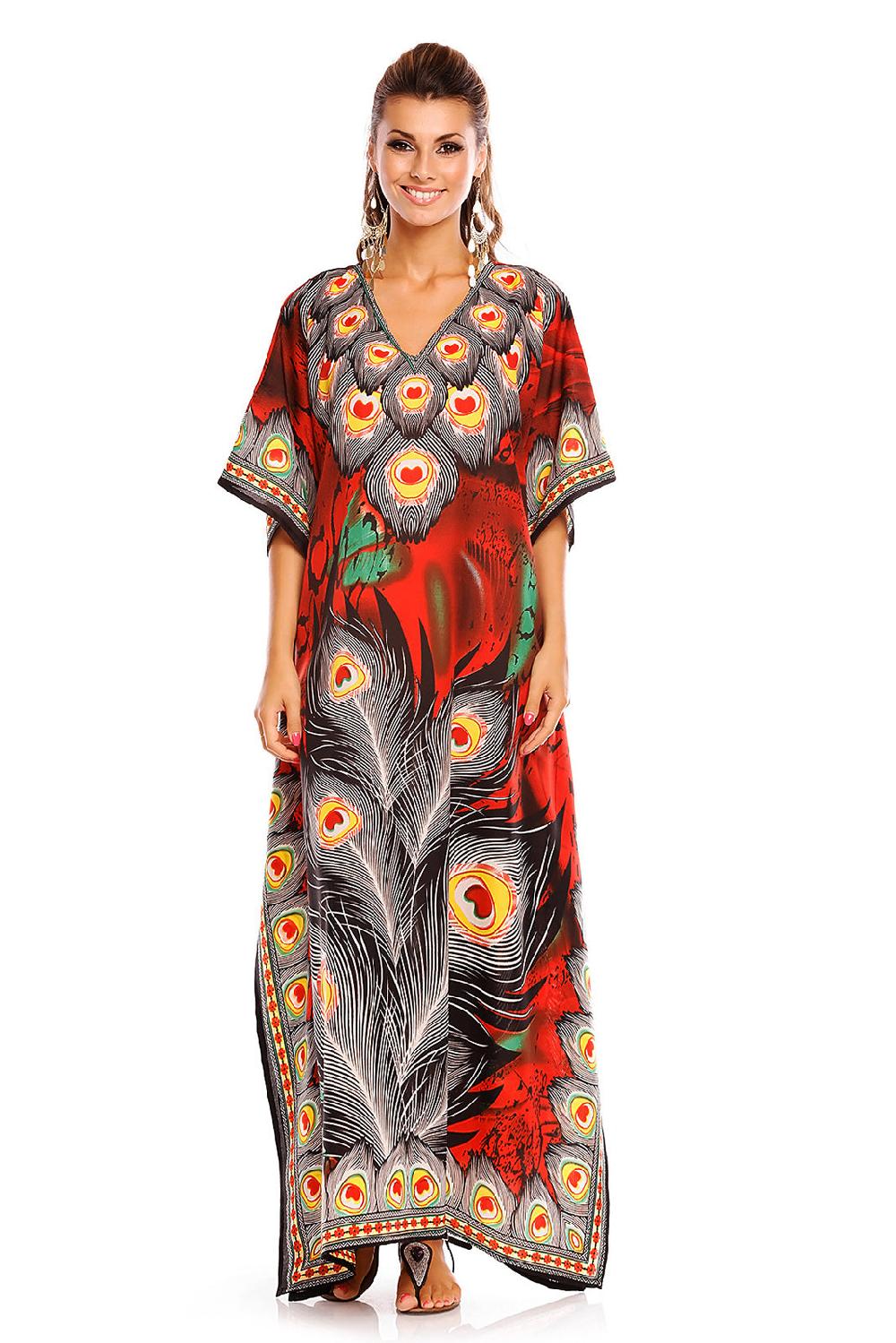 looking glam Luxury Floral Print Long Maxi Kaftan Dress in Red