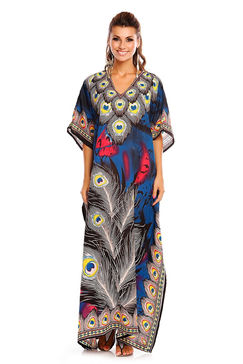 looking glam Luxury Floral Print Long Maxi Kaftan Dress in Teal