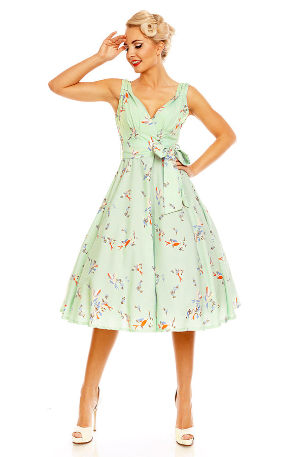 Looking Glam Retro Vintage 1950's Swing Bird Print Midi Dress In Mint Green