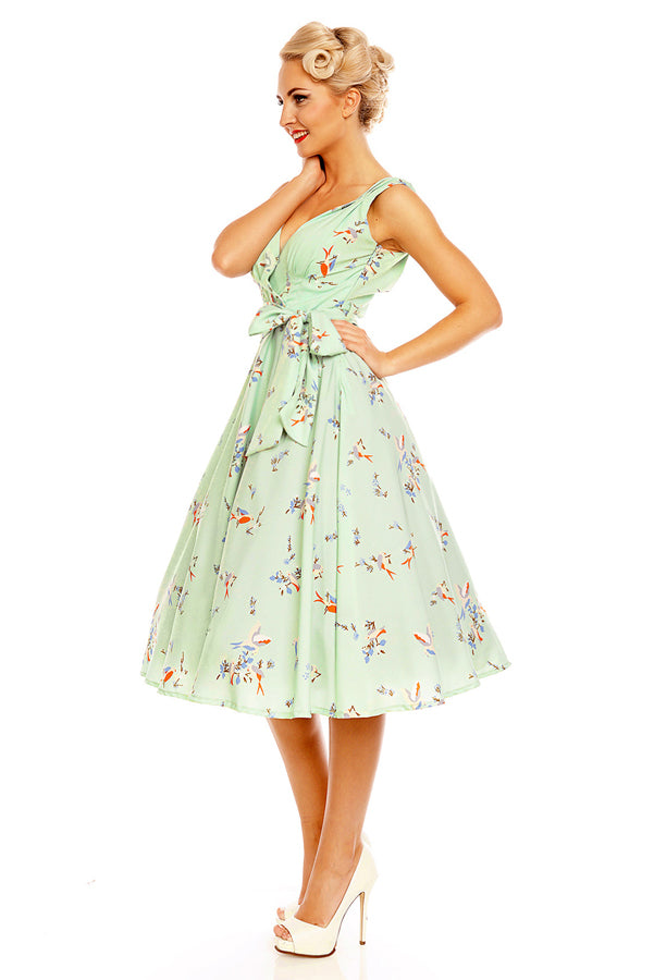 Looking Glam Retro Vintage 1950's Swing Bird Print Midi Dress In Mint Green
