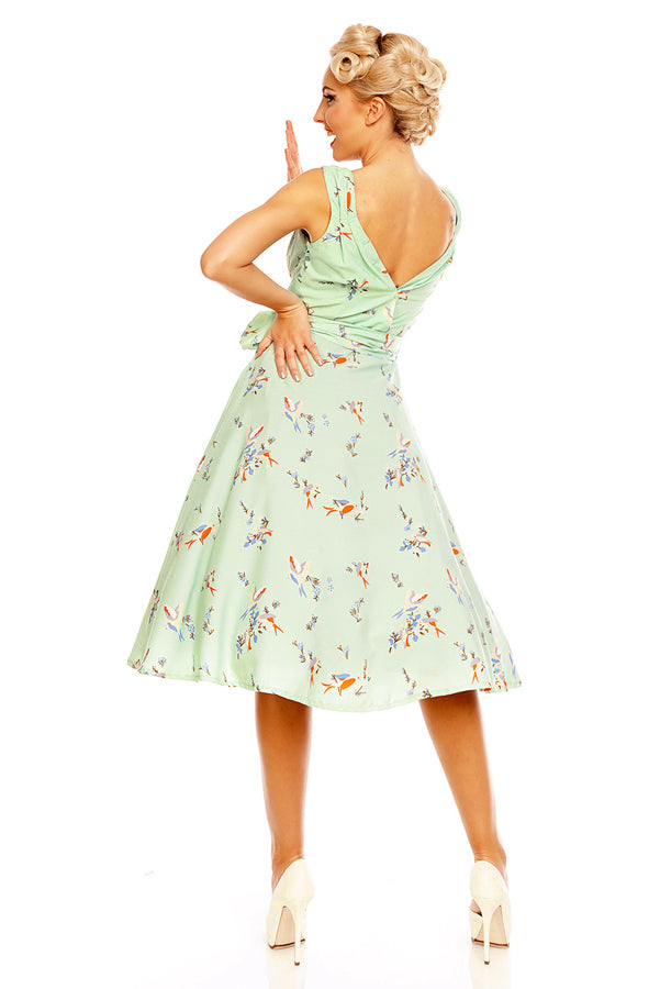 Looking Glam Retro Vintage 1950's Swing Bird Print Midi Dress In Mint Green