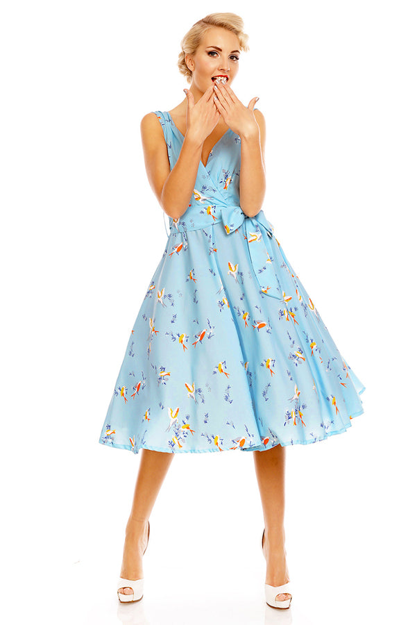 Looking Glam Retro Vintage 1950's Swing Bird Print Midi Dress In Blue