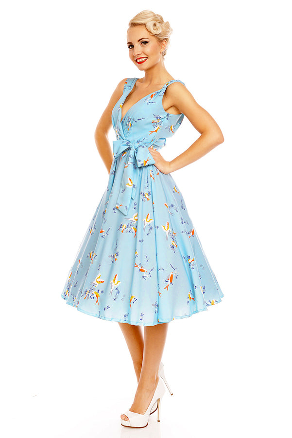 Looking Glam Retro Vintage 1950's Swing Bird Print Midi Dress In Blue