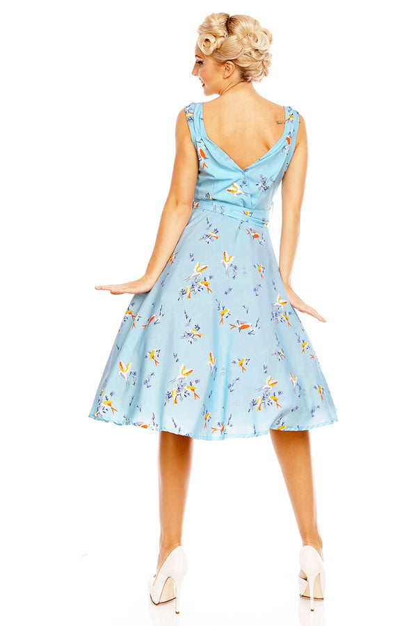 Looking Glam Retro Vintage 1950's Swing Bird Print Midi Dress In Blue