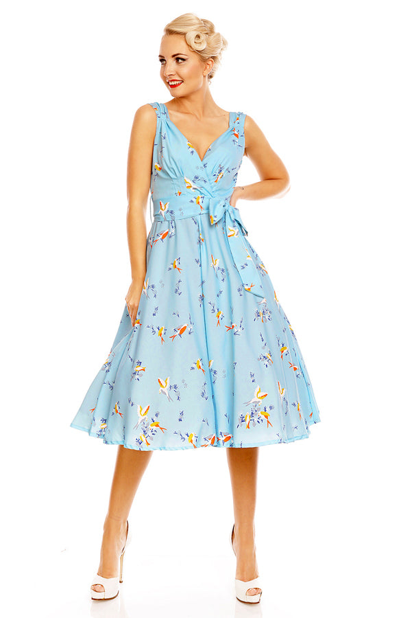 looking glam Retro Vintage 1950's Swing Bird Print Midi Dress in Blue
