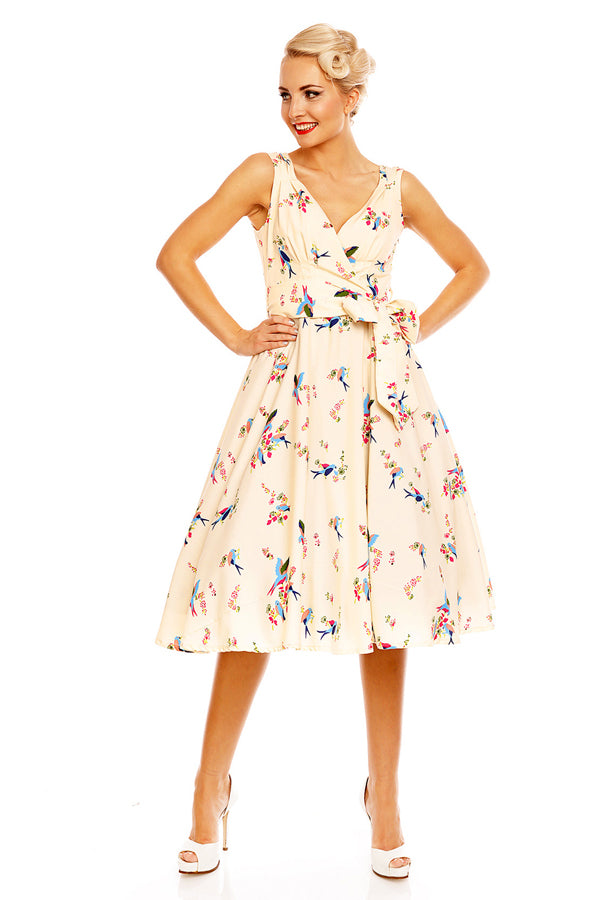 Looking Glam Retro Vintage 1950's Swing Bird Print Midi Dress In Cream