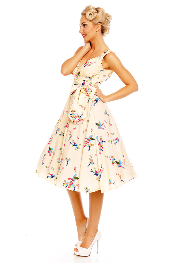 Looking Glam Retro Vintage 1950's Swing Bird Print Midi Dress In Cream