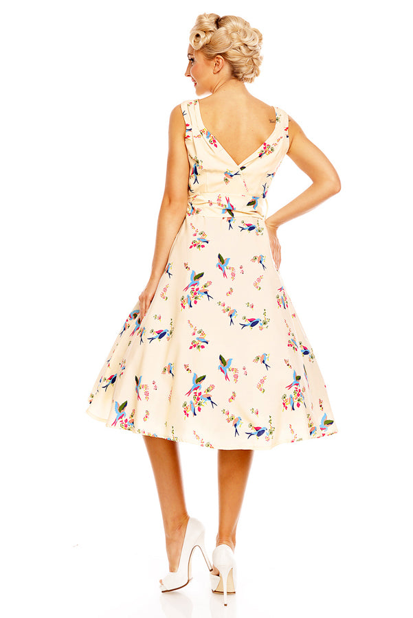 Looking Glam Retro Vintage 1950's Swing Bird Print Midi Dress In Cream