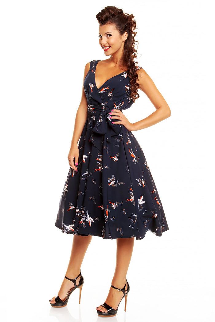 Looking Glam Retro Vintage 1950's Swing Bird Print Midi Dress In Navy