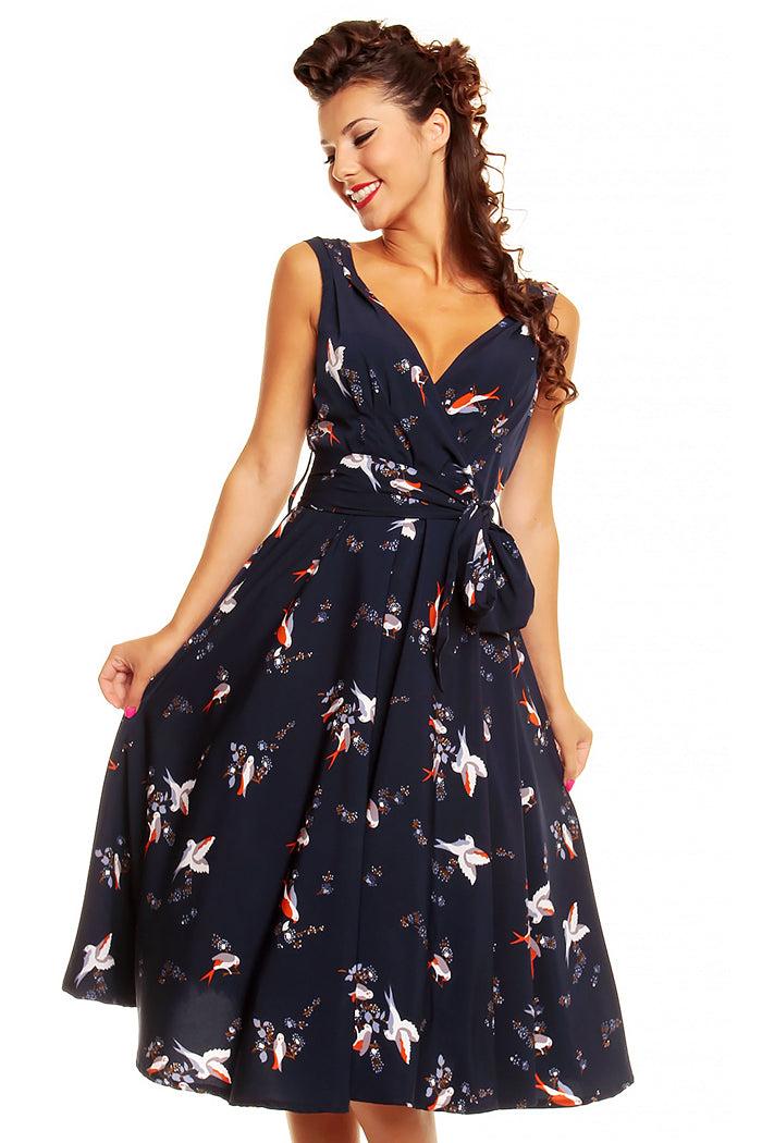 Looking Glam Retro Vintage 1950's Swing Bird Print Midi Dress In Navy
