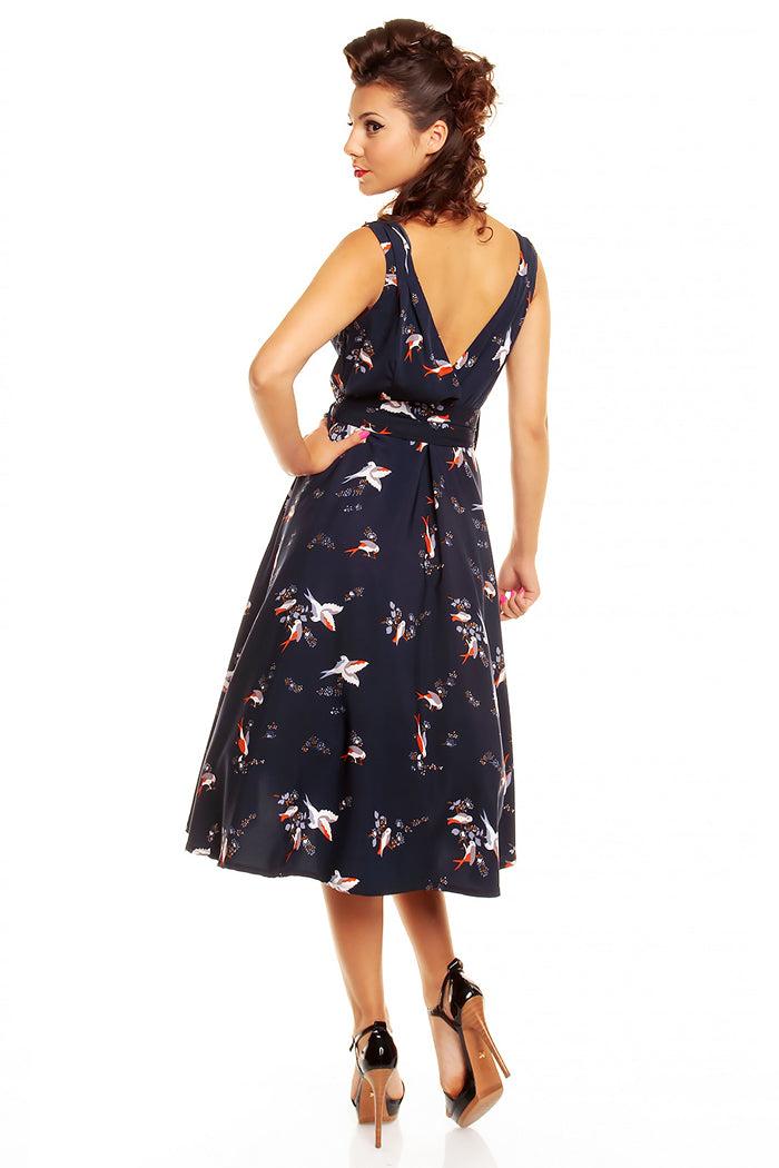 Looking Glam Retro Vintage 1950's Swing Bird Print Midi Dress In Navy