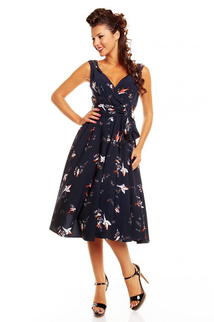 looking glam Retro Vintage 1950's Swing Bird Print Midi Dress in Navy